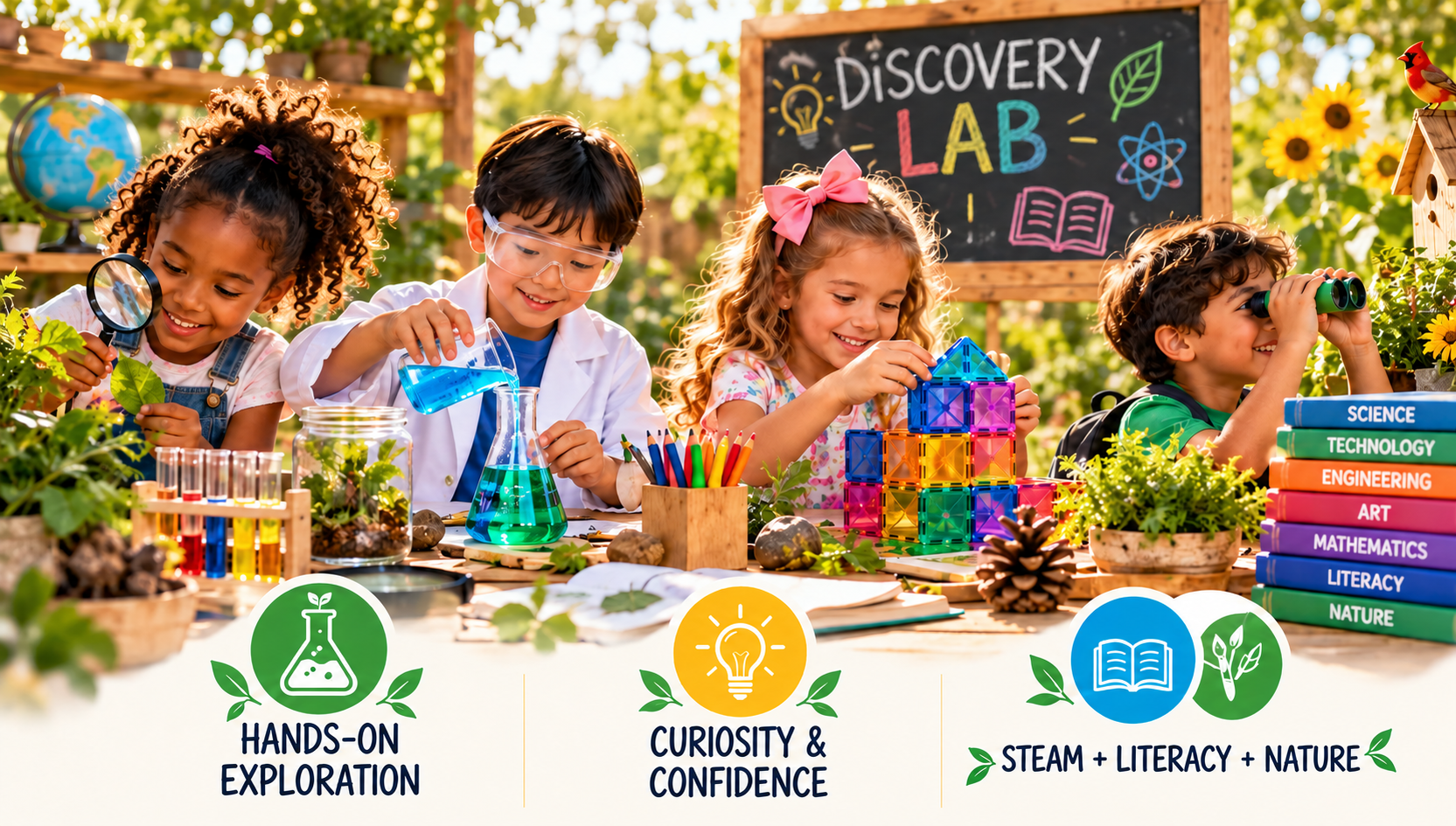 Discovery Lab program illustration: children investigating nature, experimenting, building, and reading